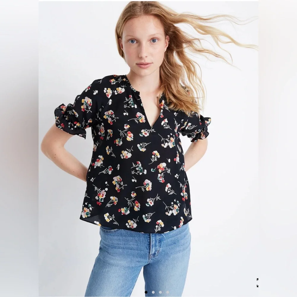 Madewell Black Floral Short-Sleeve Blouse